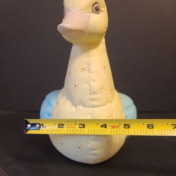 1980's Kimple Mold Ceramic Duck Yellow/Blue Quilted Look Hand Painted Engraved - Picture 8 of 9
